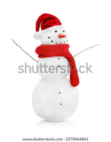 one snowman with red scarf and Santa hat on isolated white background