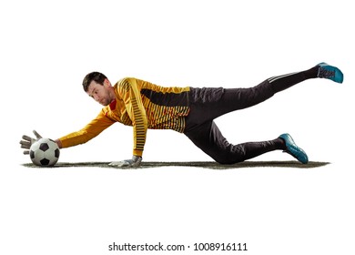 THe one soccer player goalkeeper man catching ball. The silhouette isolated on white background - Powered by Shutterstock