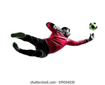One  Soccer Player Goalkeeper Man Jumping In Silhouette Isolated White Background