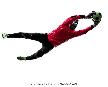 one  soccer player goalkeeper man catching ball in silhouette isolated white background - Powered by Shutterstock