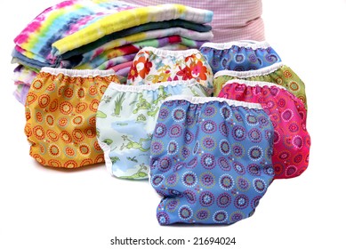 One Stack Of Colorful Cloth Natural Diapers Over White