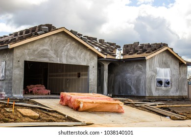 One Story New Construction Of Home Recently With Stucco