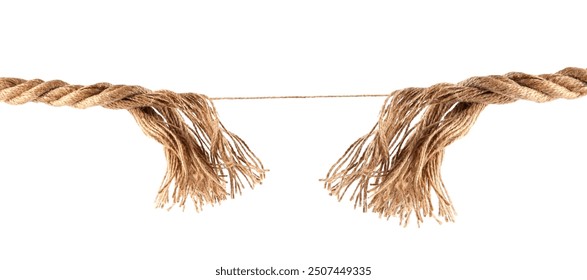 One string connecting almost torn rope isolated on white