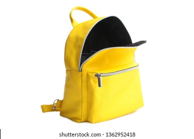 One Stylish Bright Fashionable Yellow Open Backpack Isolated On White. Concept School, Accessory.