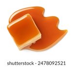 One sweet caramel candy cube topped with caramel sauce isolated on white background, top view	