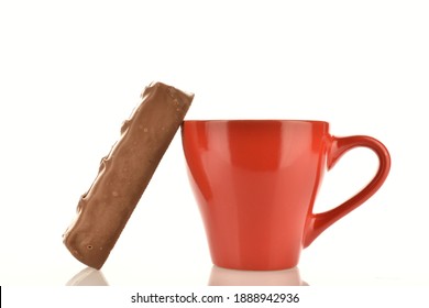 One Sweet Chocolate Bar With A Red Cup, Close-up, Isolated On White.