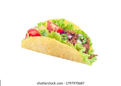 One Taco Shell With Lettuce, Ground Beef Meat,  Mashed Avocado, Tomato, Red Onion And Jalapeno Pepper, Isolated On A White