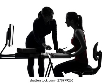 One  Teacher Woman Mother Teenager Girl Studying In Silhouette Studio Isolated On White Background