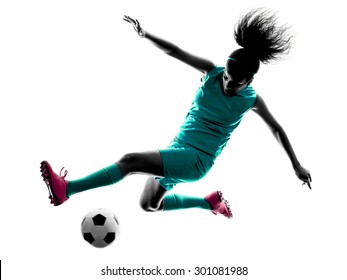 One Teenager Girl Child  Playing Soccer Player In Silhouette Isolated On White Background