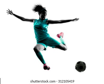 One Teenager Girl Child  Playing Soccer Player In Silhouette Isolated On White Background