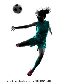 One Teenager Girl Child  Playing Soccer Player In Silhouette Isolated On White Background