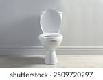 One toilet bowl near white wall indoors