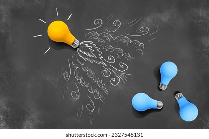 One unique Idea light bulb flying to the sky like a rocket - Flat lay