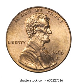 One Us Cent Coin. Lincoln President Portrait. Macro Image Isolated On White Background.