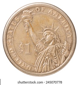One US dollar coin with the image of the Statue of Liberty on a white background