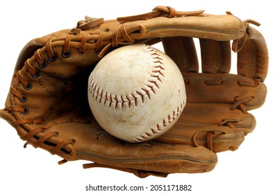 One Vintage Baseball Mitt With A Ball In The Pocket.  Isolated On White With Copy Space.