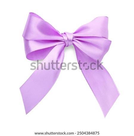 One violet satin bow isolated on white, top view