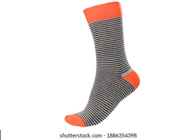 One volumetric sock with different lines isolated on white background. Colorful volumetric sock son white background. Colored socks on the leg isolated on white background