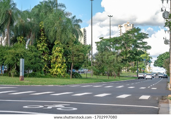 One\
way avenue with four lanes, large wooded avenue with few traffic of\
cars. Afonso Pena avenue at Campo Grande MS,\
Brazil.