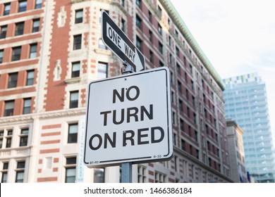 One Way Sign And No Turn On Red In Boston, USA