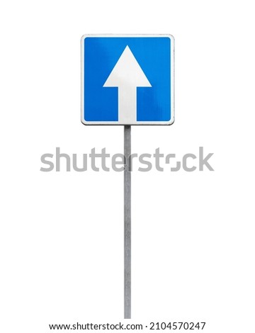 One way street, blue square standard European road sign on vertical metal pole isolated on white background