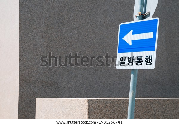 One way traffic sign and gray wall in Korea\
(Translation is one-way)
