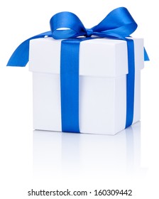 One White boxs tied Blue satin ribbon bow Isolated on white background