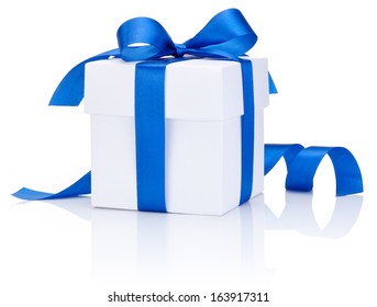 One White boxs tied Blue satin ribbon bow Isolated on white background
