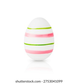One white Easter egg decorative pink and green stripes isolated on white background with clipping path, design element. Minimalist easter greeting card.