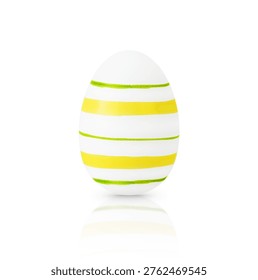 One white Easter egg decorative yellow and green stripes isolated on white background with clipping path, design element. Minimalist easter greeting card.