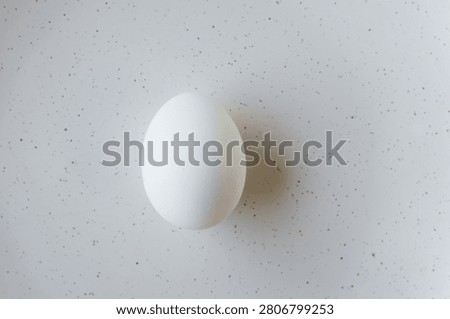 One white egg on a light background with small specks. The clean shape and smooth texture of the egg, symbolizing simplicity and naturalness. Farm to table, minimalist still life. Top view.