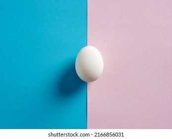 One White Egg On Pink And Blue Duotone Background.