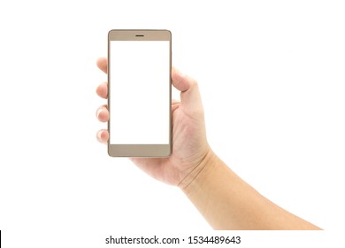 One white hand holding a metal blank smartphone isolated on white background - Shutterstock ID 1534489643