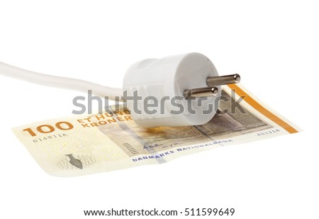 One white power plug on a one hundred Danish  banknote isolated on white.