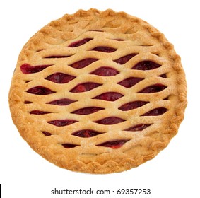 One Whole Cherry Pie Over White. Top Down View.