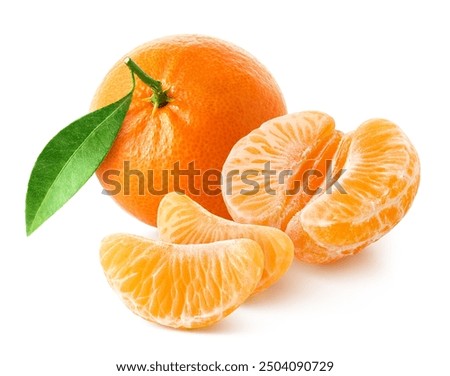 One whole, half and two peeled pieces of tangerine, mandarin or clementine isolated on white background