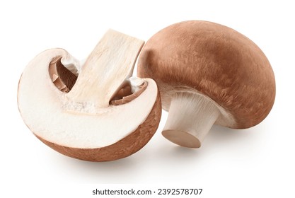 One whole and halved fresh brown champignon mushroom isolated on white background - Powered by Shutterstock