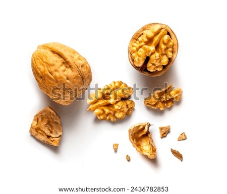 one whole and one open walnut isolated on white background
