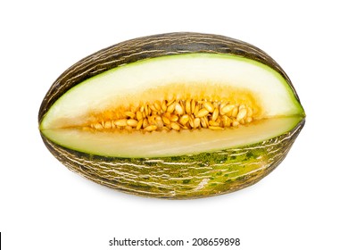 One whole Piel de Sapo Melon sliced and isolated on white Background