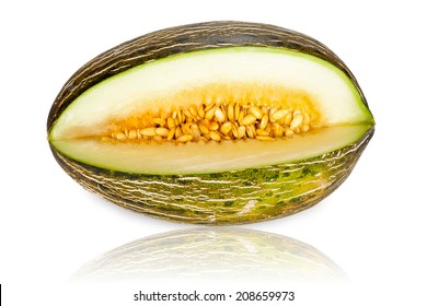 One whole Piel de Sapo Melon sliced, isolated and mirrored on white Background