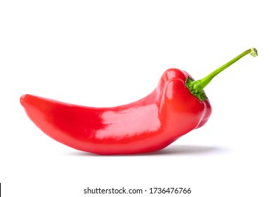 One whole red capsicum hot chili pepper (sweet bell, paprika, cayenne, chilli, Jalapeno, сubanelle, hungarian wax pepper) isolated on white background. Close up, copy space.