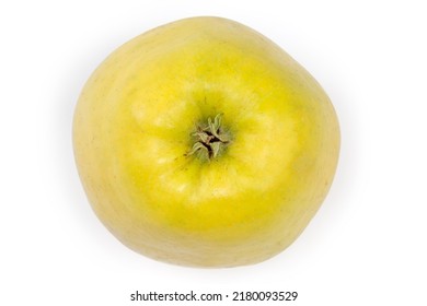 One Whole Ripe Green-yellow Apple On A White Background, Top View From The Sepal Side
