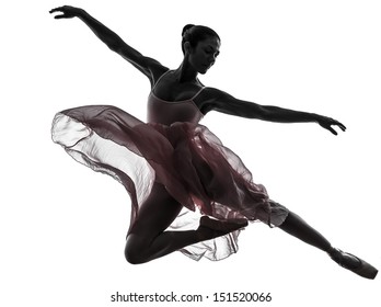 one  woman   ballerina ballet dancer dancing in silhouette on white background