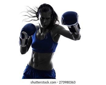 one woman boxer boxing kickboxing in silhouette isolated on white background - Powered by Shutterstock