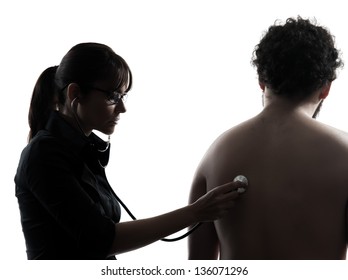 One Woman Doctor Holding Stethoscope Silhouette Studio Isolated On White Background