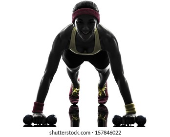 One  Woman Exercising Fitness Workout Push Ups  In Silhouette  On White Background