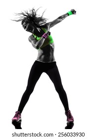 one  woman exercising fitness zumba dancing in silhouette on white background