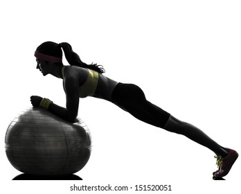 one  woman exercising plank position on fitness ball in silhouette  on white background - Powered by Shutterstock