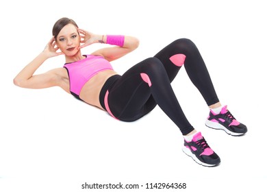 one woman exercising workout fitness aerobic exercise abdominal push ups posture on studio isolated white background.
