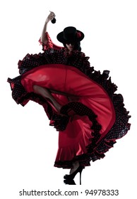 One Woman Gipsy Flamenco Dancing Dancer On Studio Isolated White Background